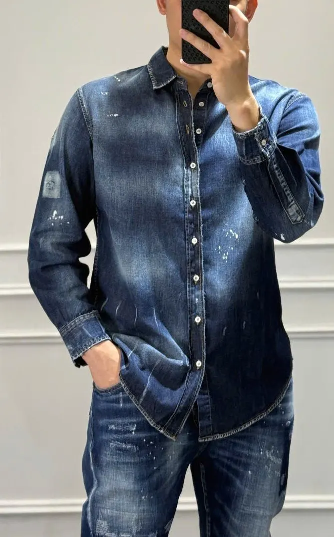 Áo sơ mi nam màu xanh Dsq2 tay dài vải jean trẻ trung mã 1c