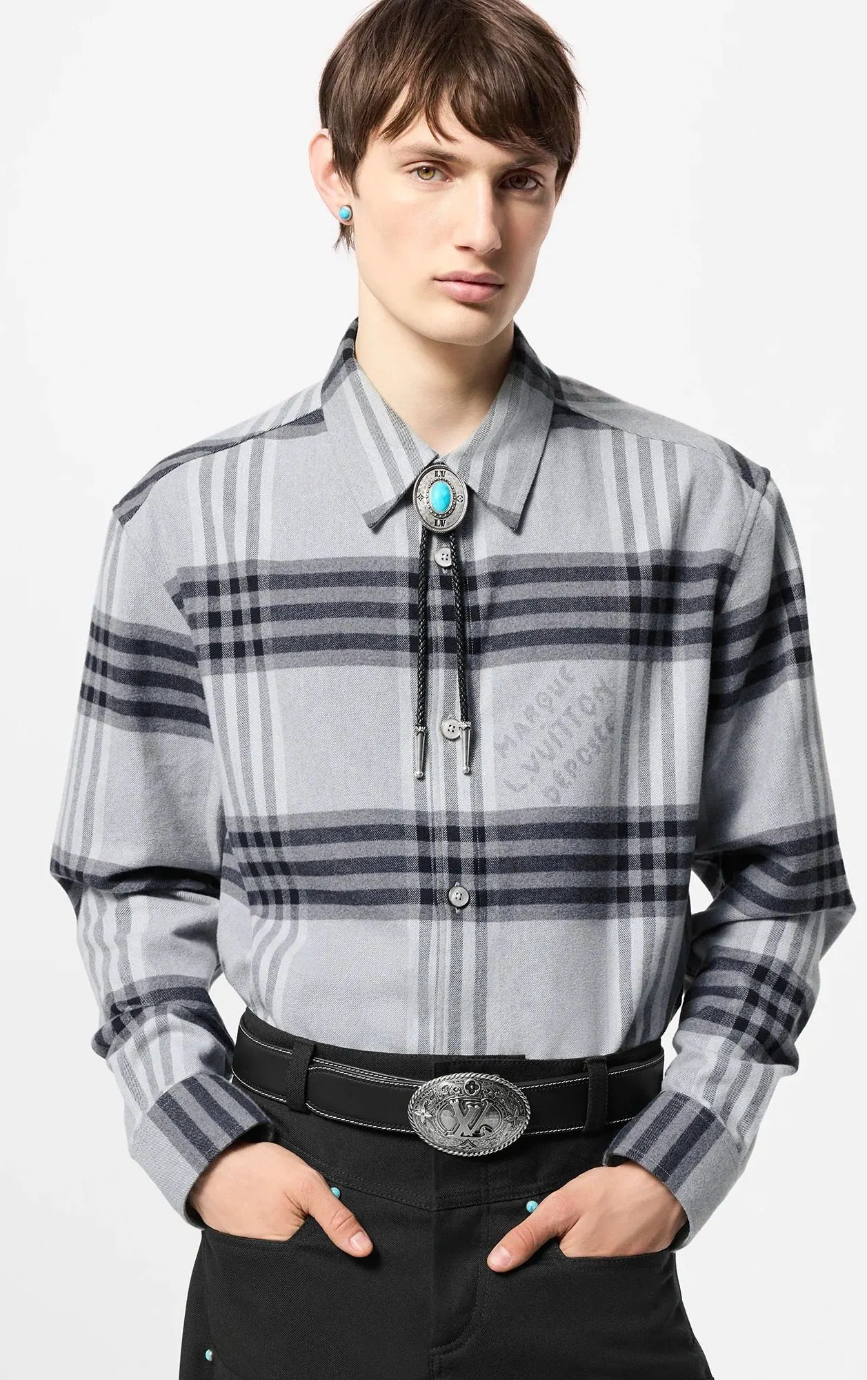 Áo sơ mi LV tay dài xám kẻ sọc caro Louis Vuitton premium mã 1 nam