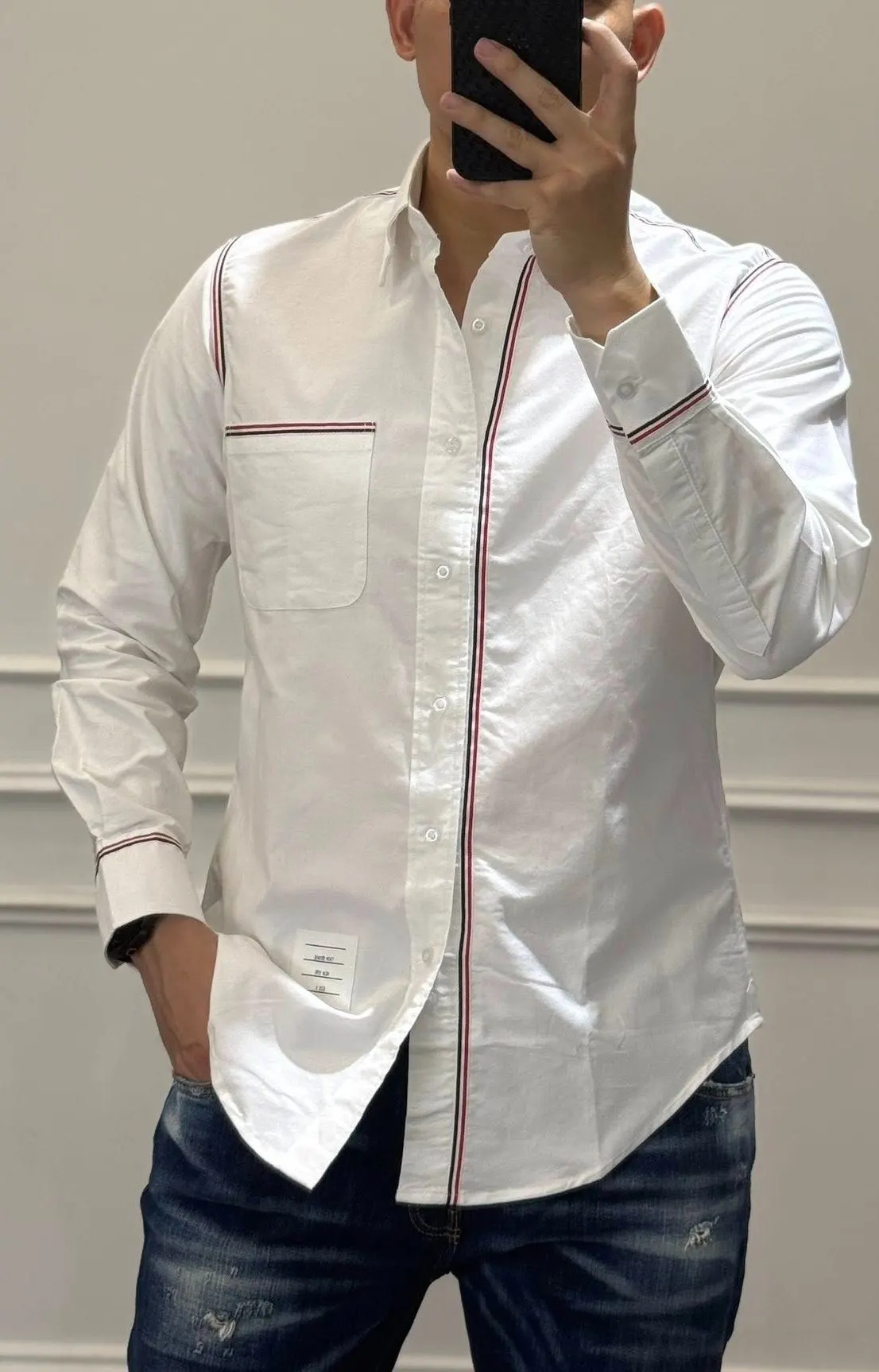 BST trắng tay dài áo sơ mi Thome nam mã 2b Thom Browne chuẩn xịn