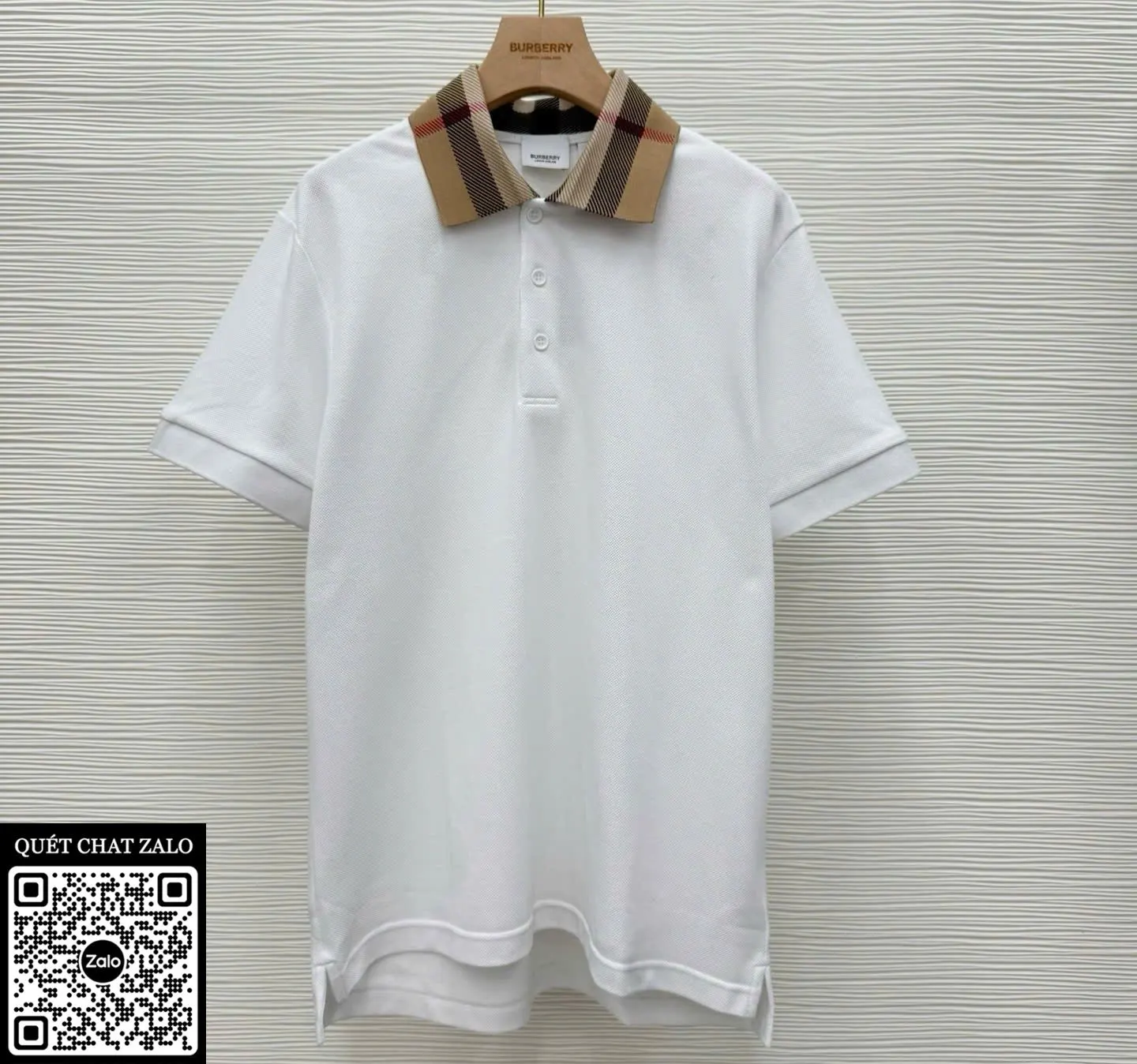 Áo polo nam màu trắng BBR cổ viền mã 6 Burberry thượng hạng tỉ mỉ