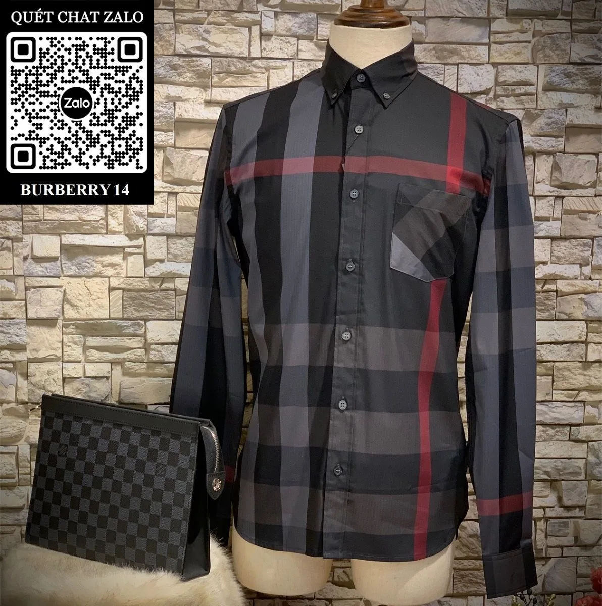 Áo sơ mi nam màu đen BBR tay dài kẻ sọc caro Burberry mã 14 thượng