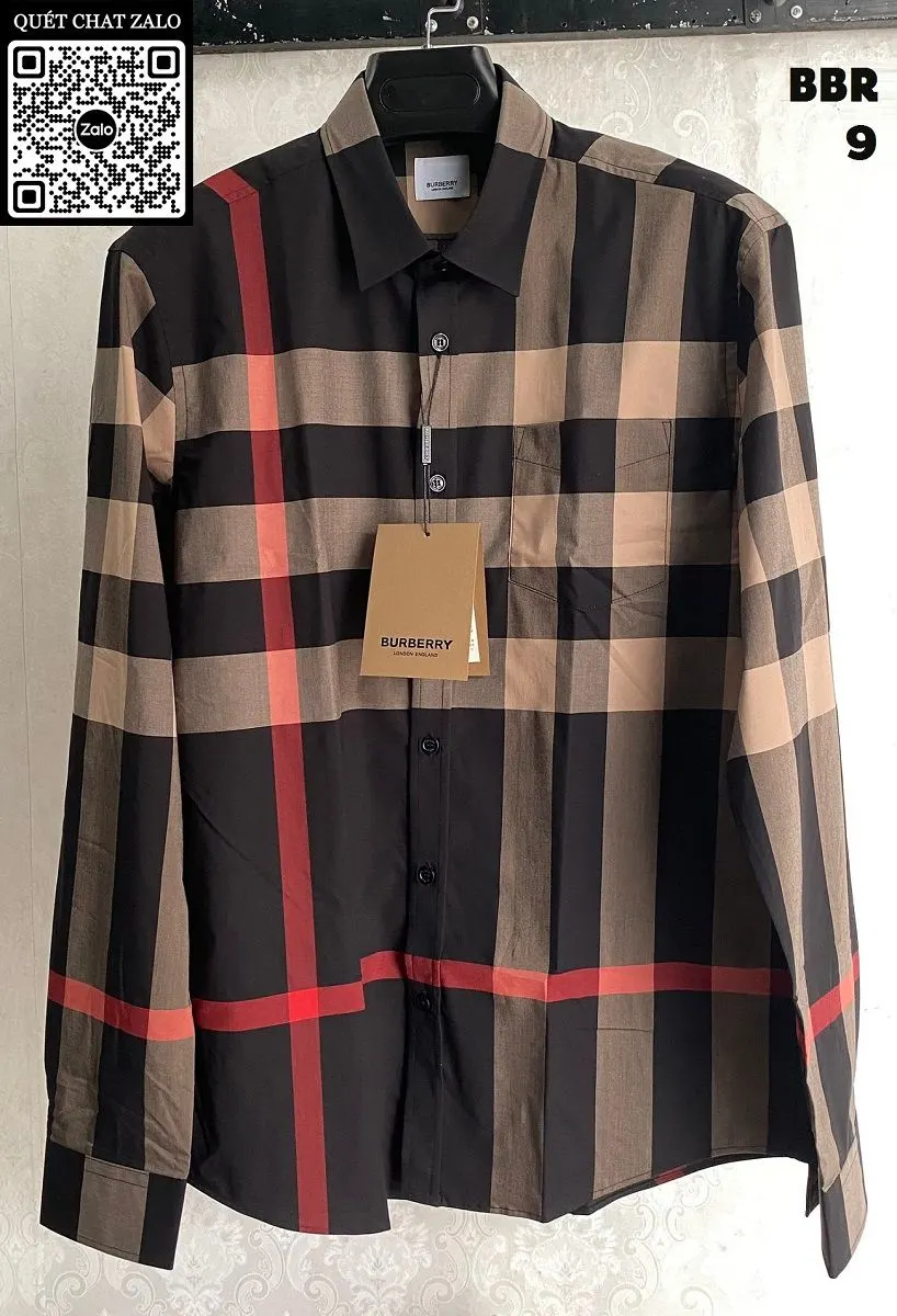 Áo sơ mi nam màu đen Burberry tay dài kẻ sọc caro mã 9 gọn đẹp