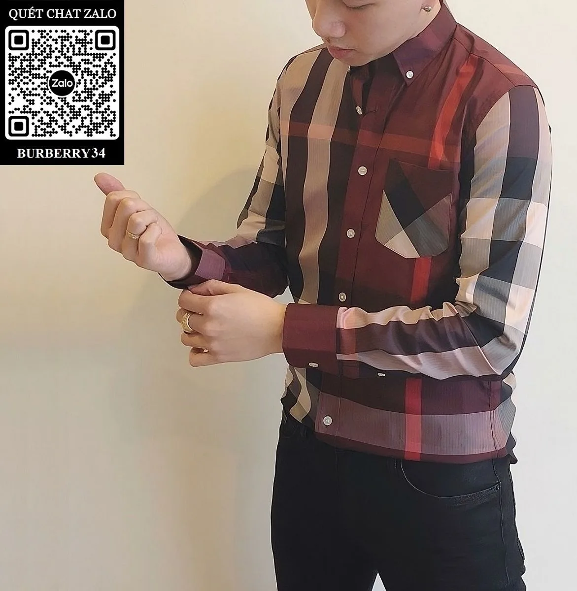 Áo sơ mi Burberry tay dài nam đỏ kẻ sọc caro BBR mã 34 cách riêng
