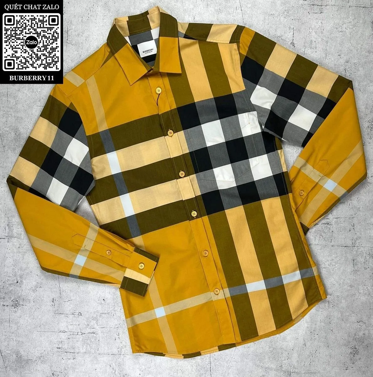 Áo kẻ Burberry sơ mi vàng caro tay dài nam BBR mã 11 chuẩn dáng Áo kẻ Burberry sơ mi vàng caro tay dài nam BBR mã 11 chuẩn dáng