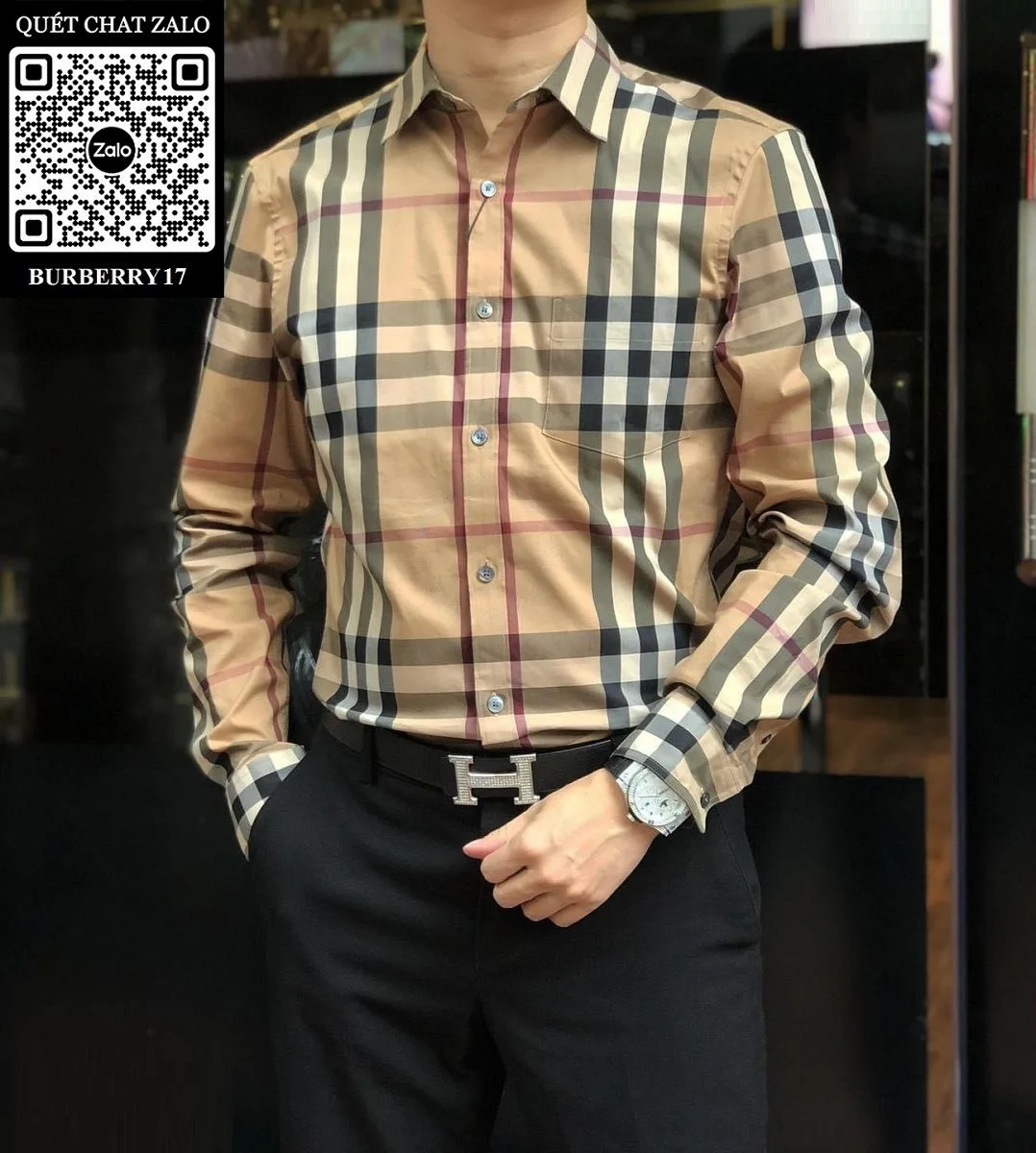 Áo dài tay Burberry áo sơ mi vàng kẻ caro nam mã 17 năng động xịn Áo dài tay Burberry áo sơ mi vàng kẻ caro nam mã 17 năng động xịn
