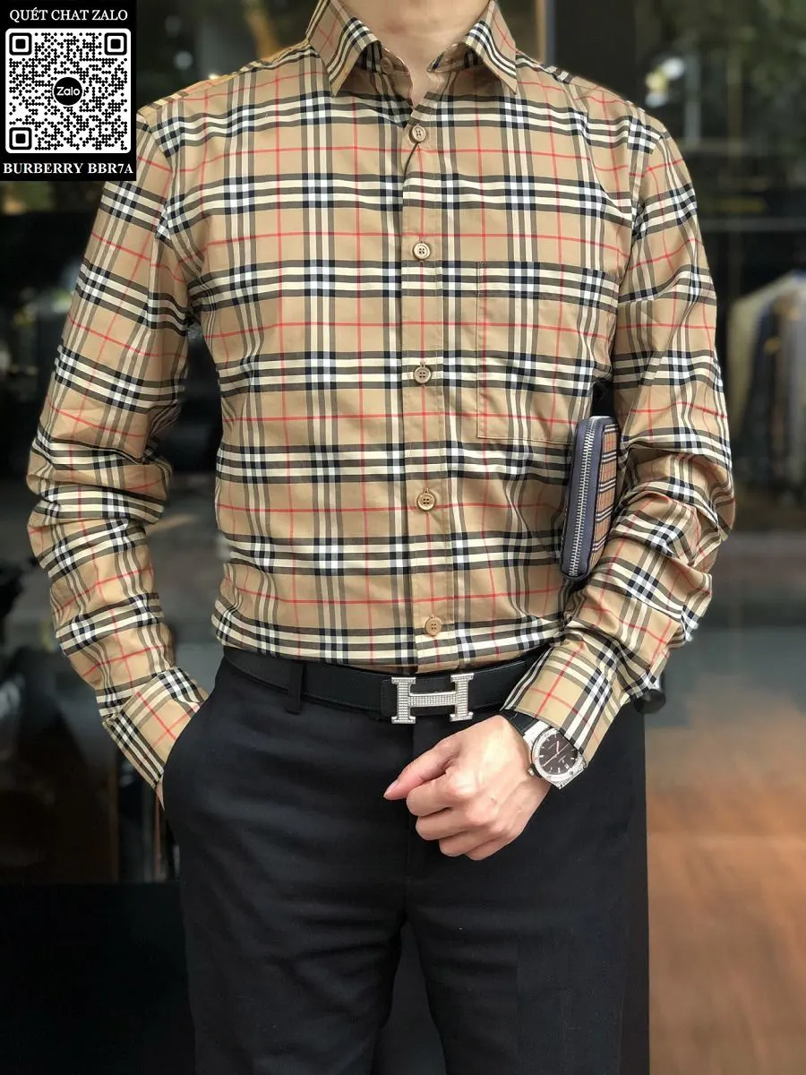 Áo Burberry nam dài tay sơ mi vàng kẻ sọc caro BBR mã 7a xịn mịn