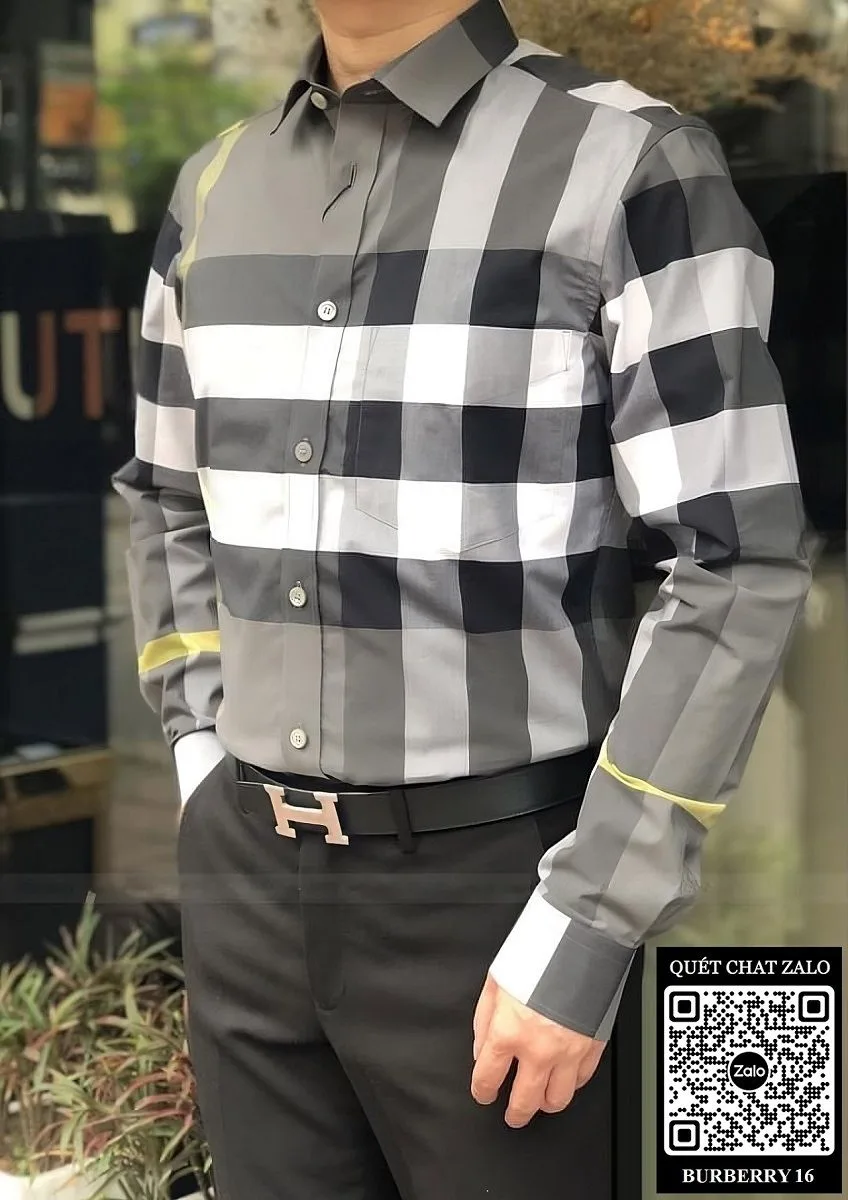 Áo sơ mi hàng hiệu nam Burberry kẻ caro ghi tay dài mã 16 mới Áo sơ mi hàng hiệu nam Burberry kẻ caro ghi tay dài mã 16 mới
