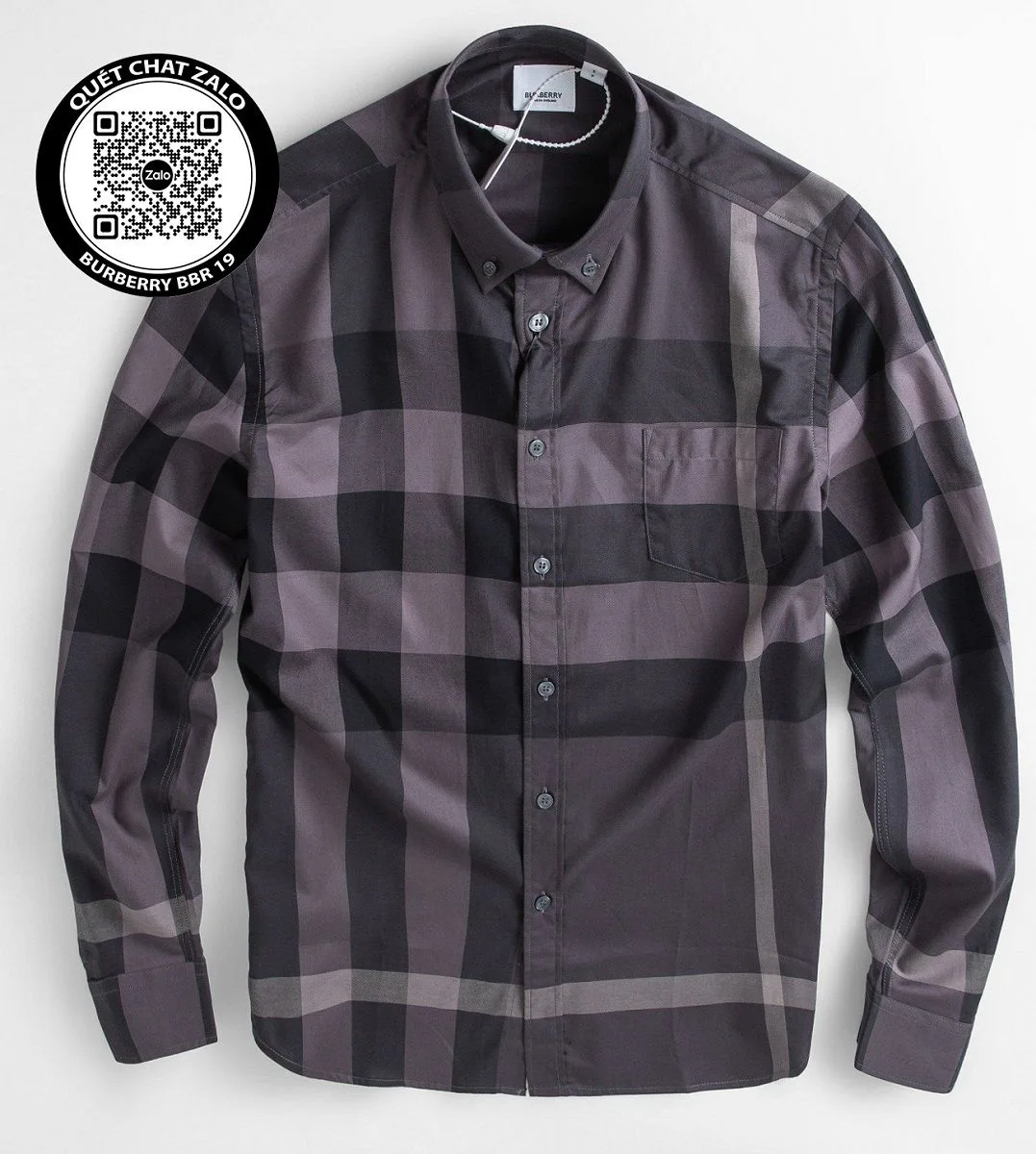 Áo dài tay Burberry sơ mi kẻ caro ghi xám nam mã 19 đánh giá tốt