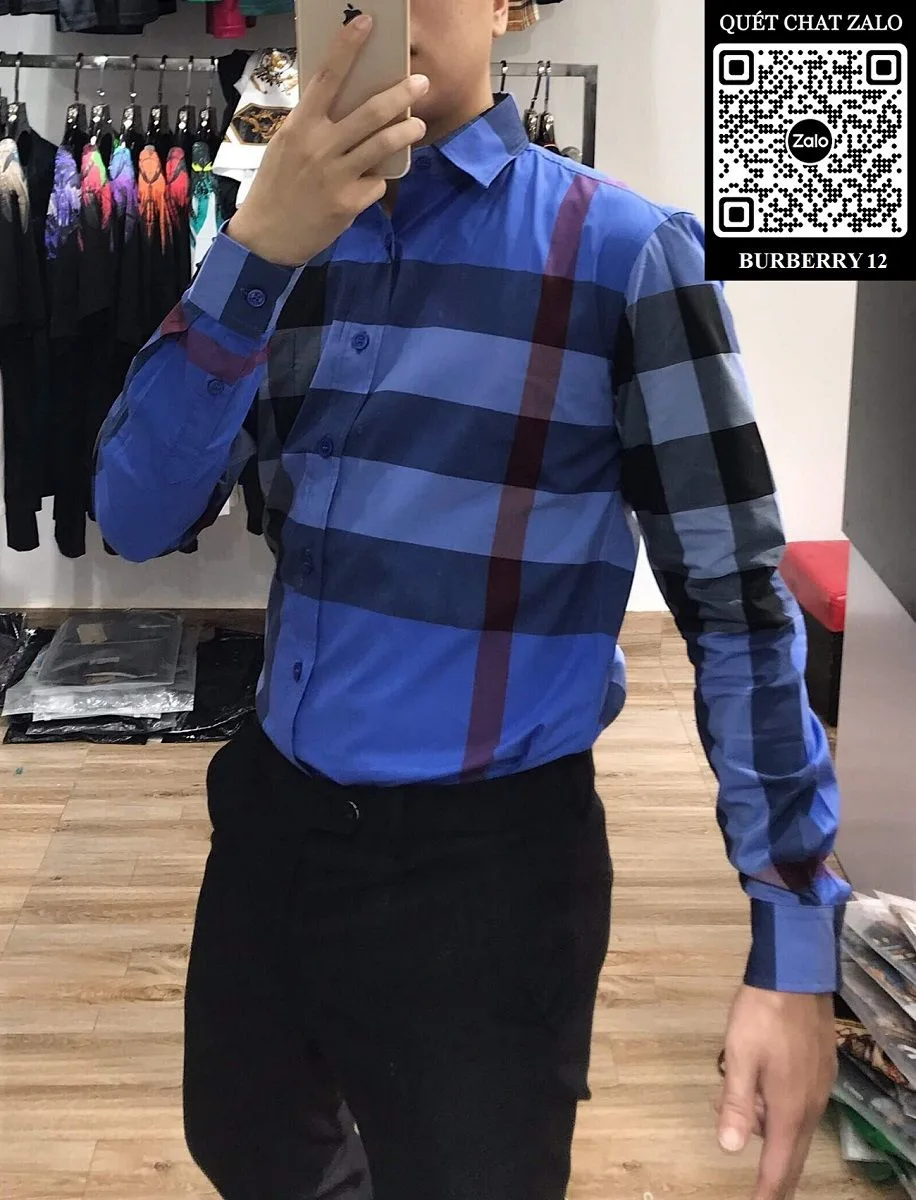 Áo sơ mi Burberry nam màu xanh tay dài kẻ sọc caro mã 12 thượng lưu