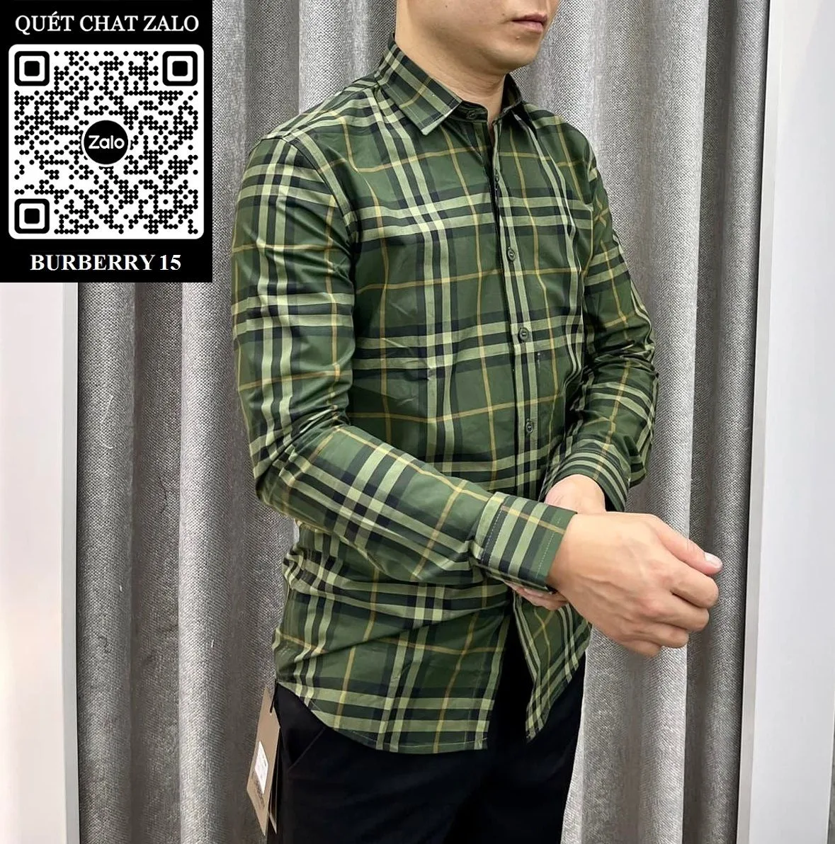 Áo dài tay Burberry nam mã 15 sơ mi xanh kẻ sọc caro thích ngay