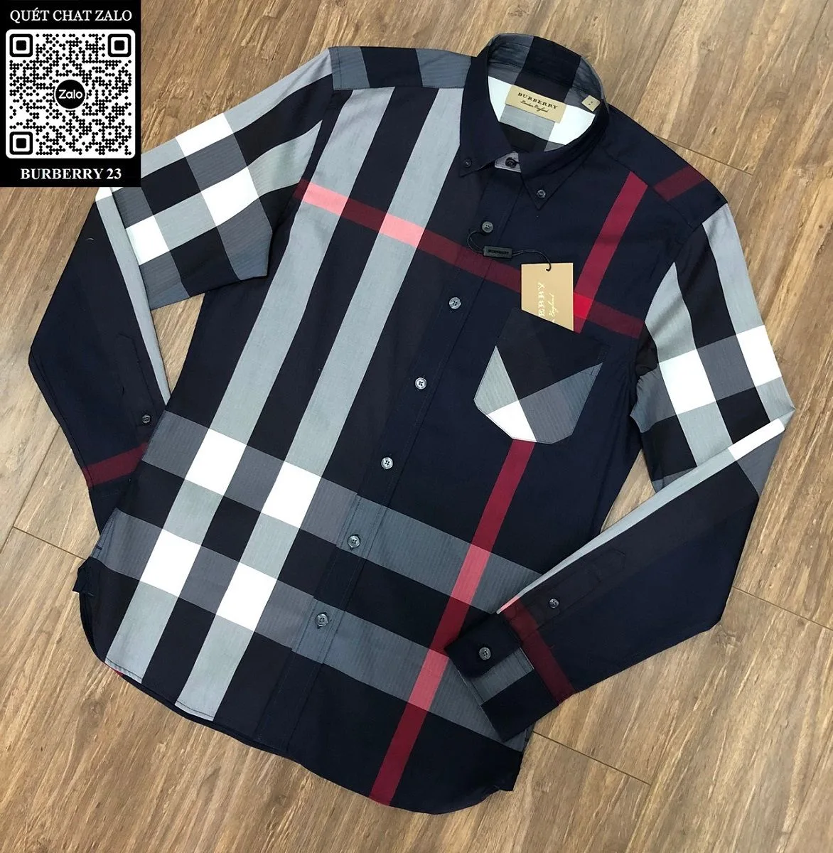 Áo sơ mi nam Burberry màu xanh tay dài kẻ sọc caro mã 23 tỉ mỉ