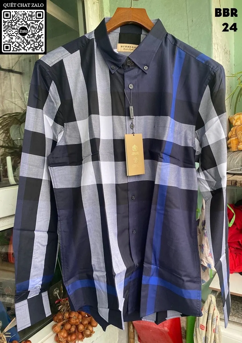 Áo sơ mi nam màu xanh Burberry tay dài kẻ sọc caro mã 24 vừa vặn