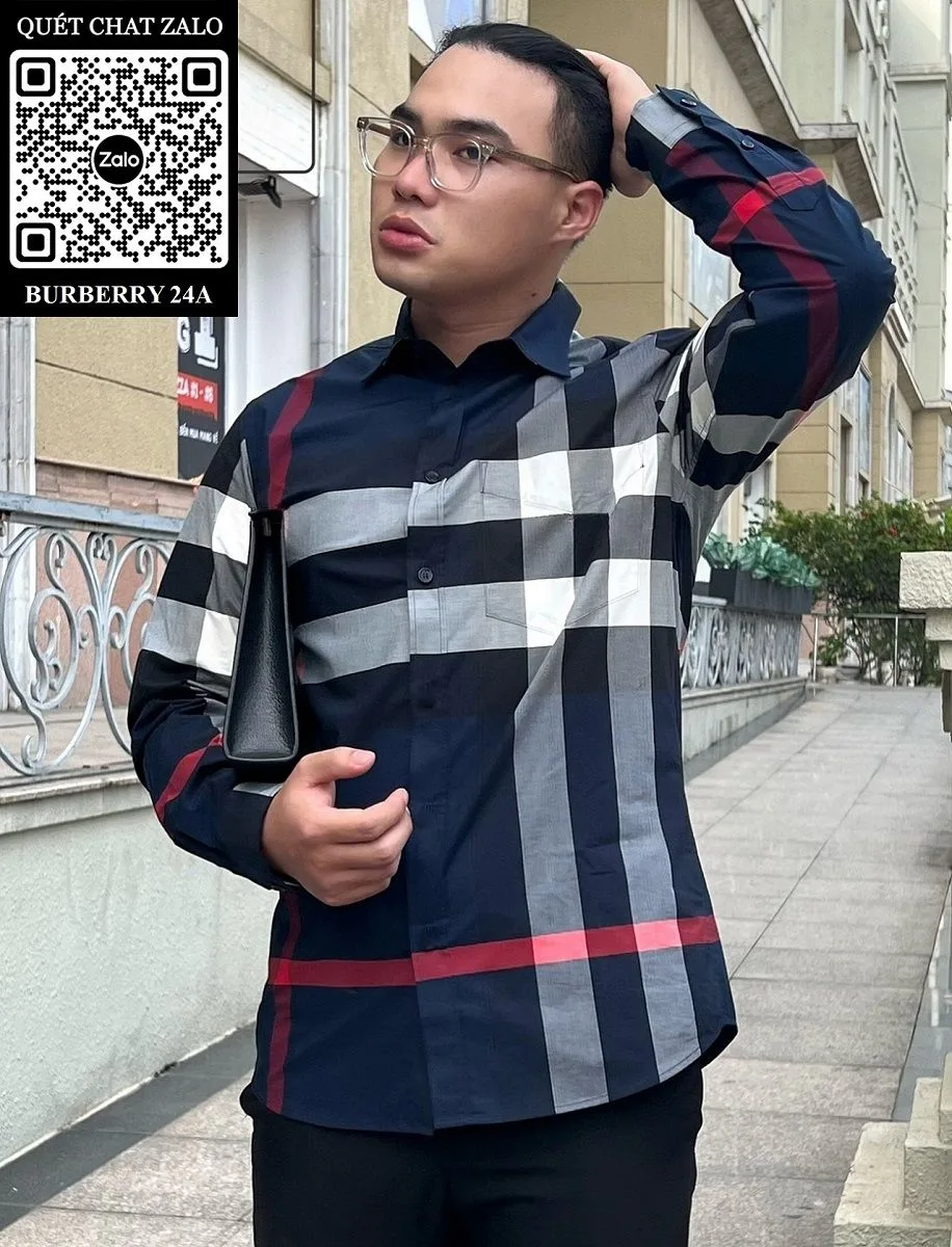 Áo sơ mi Burberry tay dài xanh caro nam BBR mã 24a cao cấp trẻ trung