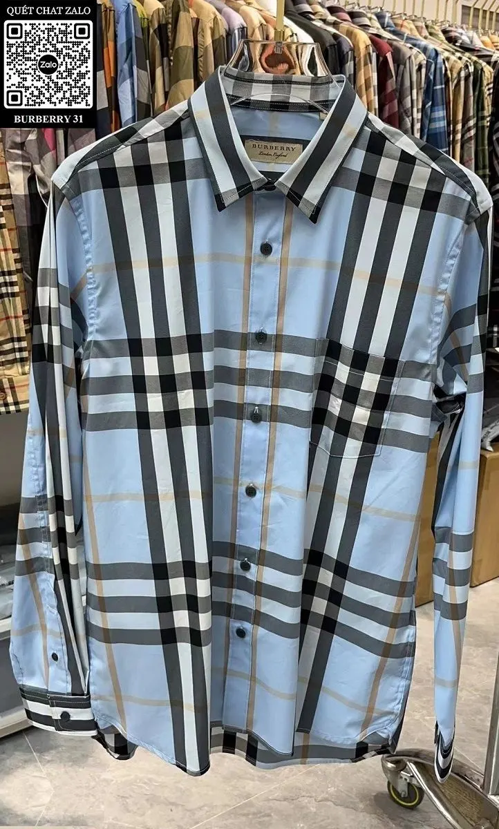 Áo sơ mi nam sọc caro Burberry xanh tay dài BBR mã 31 cao cấp hợp lý Áo sơ mi nam sọc caro Burberry xanh tay dài BBR mã 31 cao cấp hợp lý