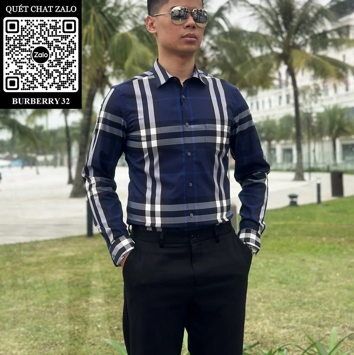 Áo sơ mi Burberry nam màu xanh kẻ caro tay dài mã 32 tuyệt hảo yêu