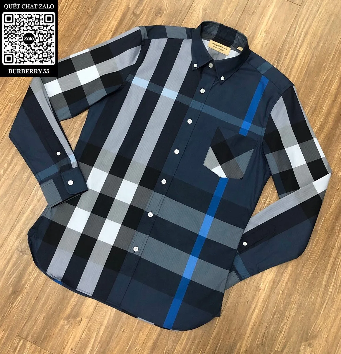 Áo sơ mi nam màu xanh BBR tay dài kẻ sọc caro mã 33 Burberry tinh tế