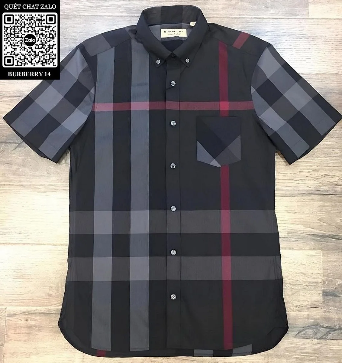 Áo sơ mi nam kẻ caro Burberry đen tay ngắn mã 14 chất lượng vượt trội