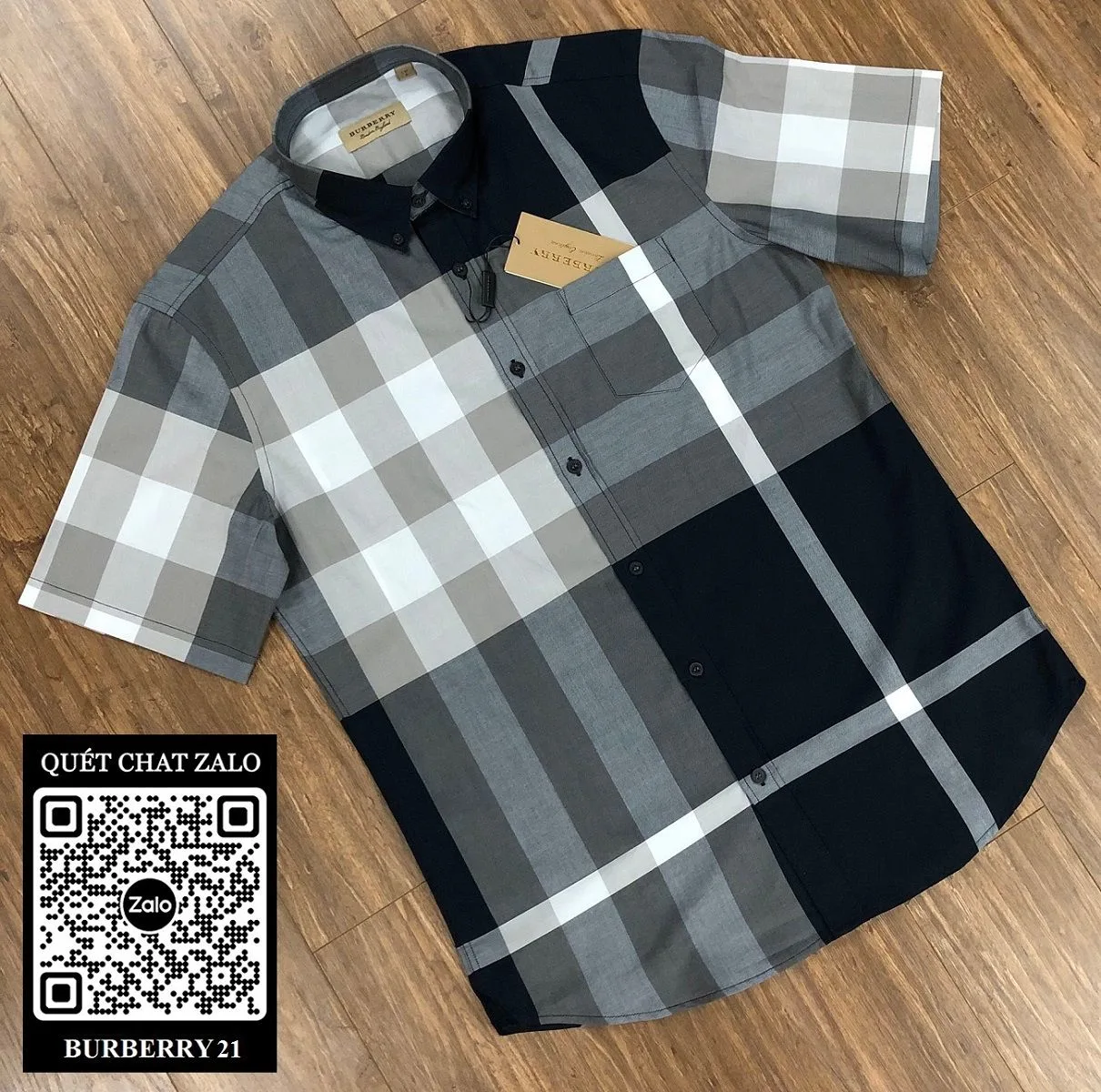 Áo sơ mi nam Burberry đen kẻ caro tay ngắn độc đáo mã 21 siêu phẩm