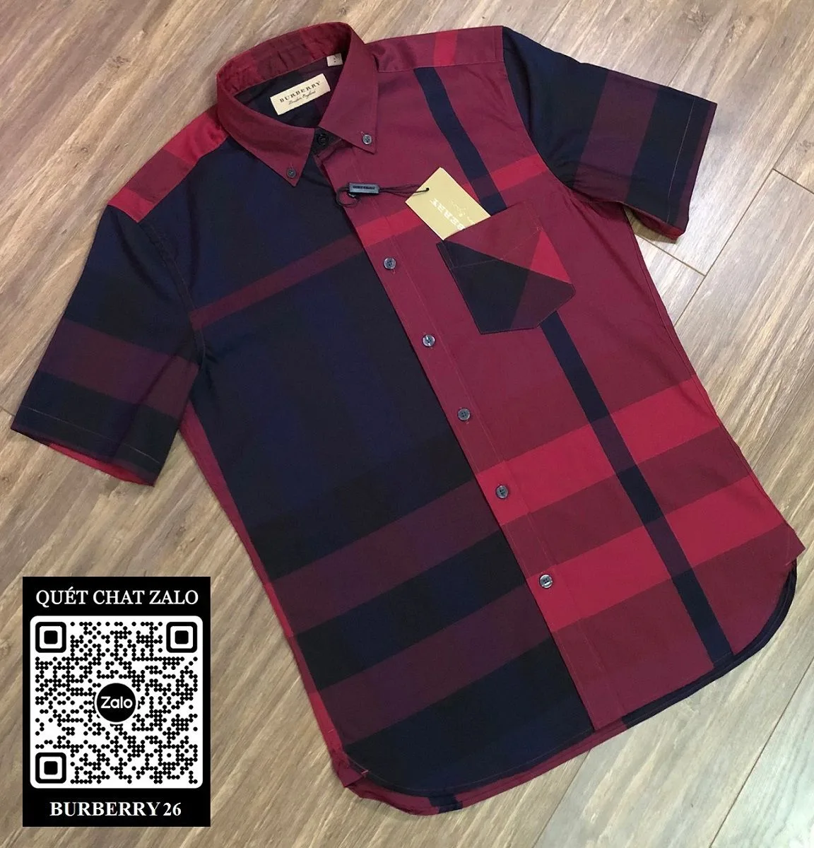 Áo kẻ Burberry nam sơ mi đỏ kẻ sọc caro tay ngắn mã 26 BBR đỉnh cao