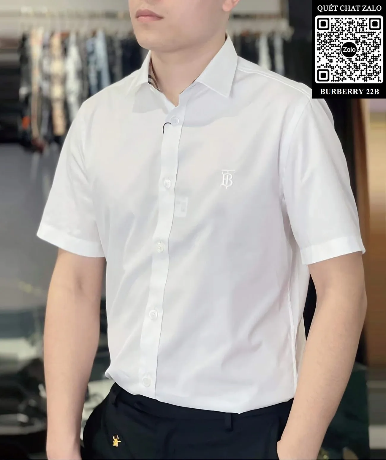 Áo sơ mi nam màu trơn màu trắng Burberry tay ngắn mã 22b đẹp