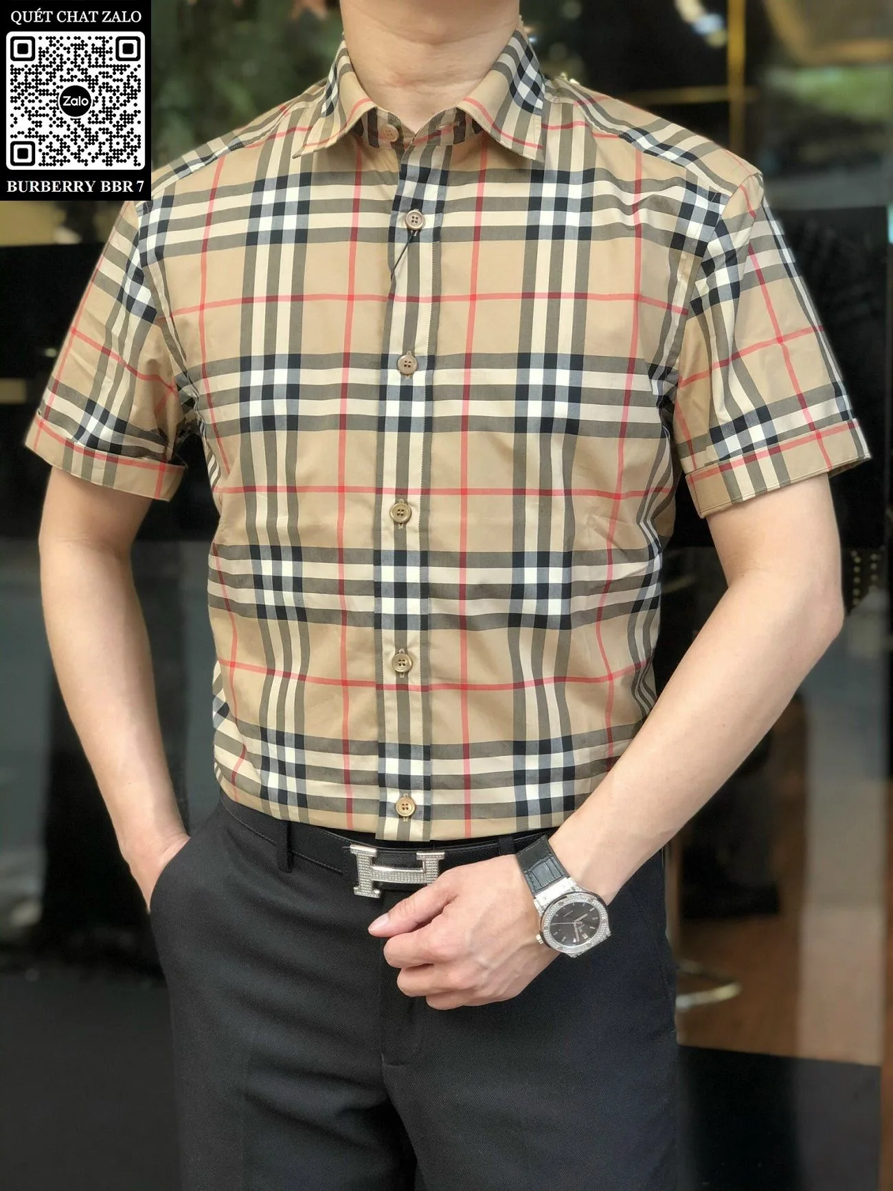 Áo sơ mi nam màu vàng BBR tay ngắn kẻ sọc caro mã 7