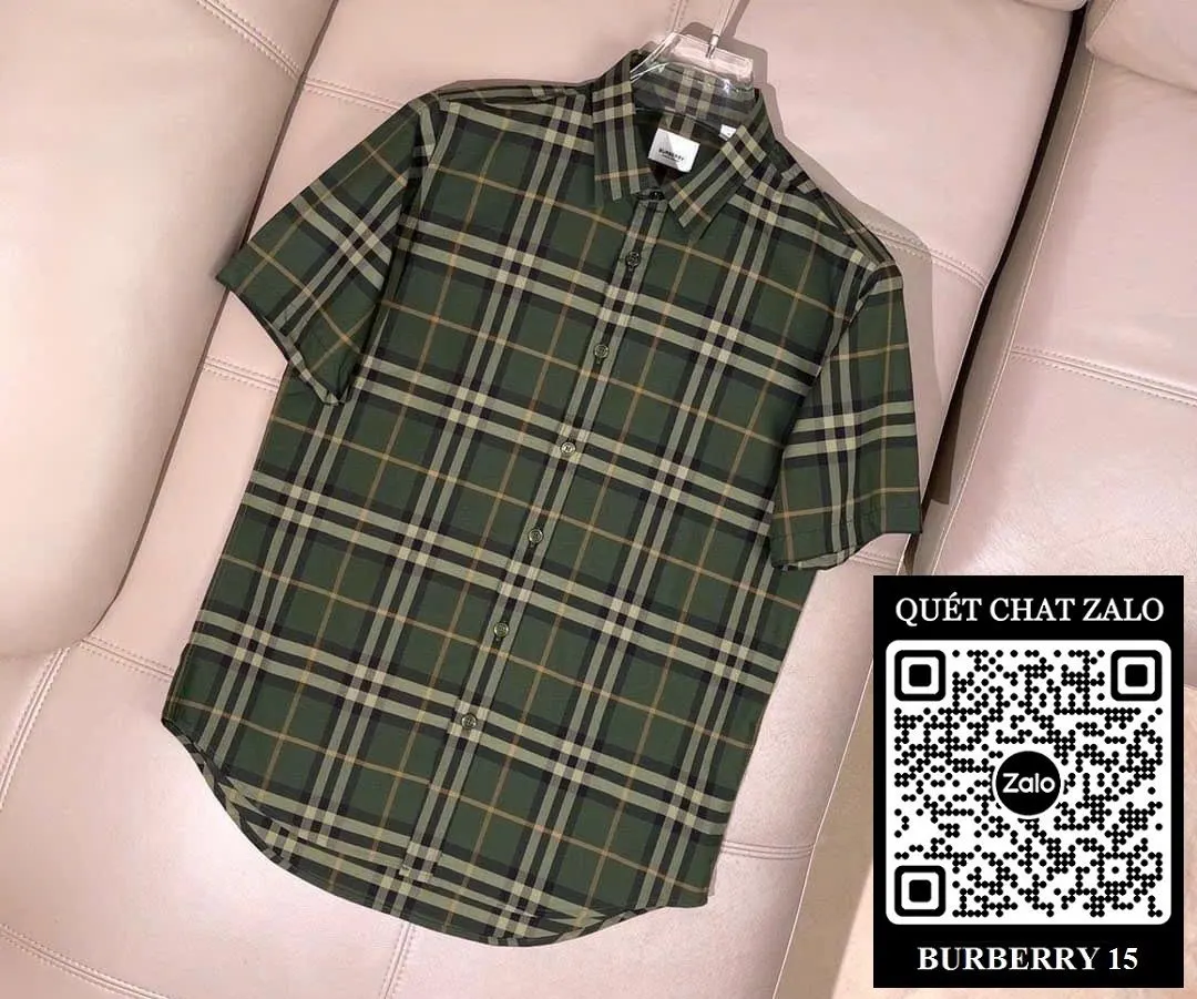 Áo sơ mi nam sọc caro Burberry xanh tay ngắn gọn gàng mã 15 hiệu