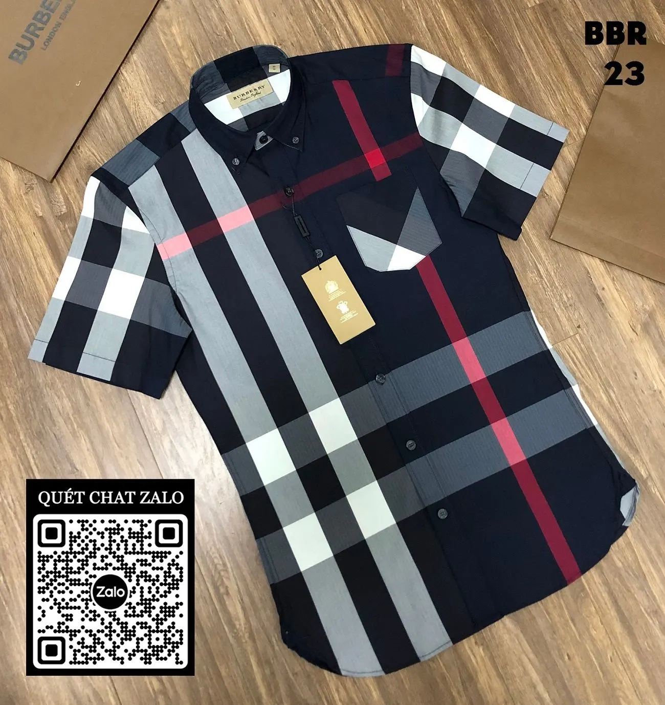 Áo sơ mi sọc Burberry nam xanh kẻ caro tay ngắn mã 23 BBR lịch lãm