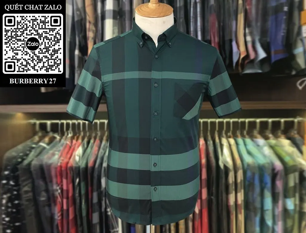 Sơ mi BBR ngắn tay Burberry xanh kẻ sọc caro nam mã 27 tinh tế