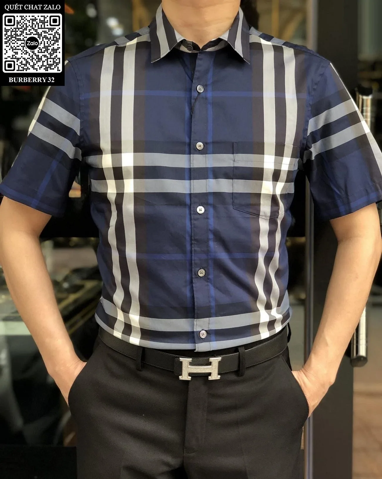 Áo sơ mi nam màu xanh BBR tay ngắn kẻ sọc caro mã 32 dễ mặc chuẩn dáng