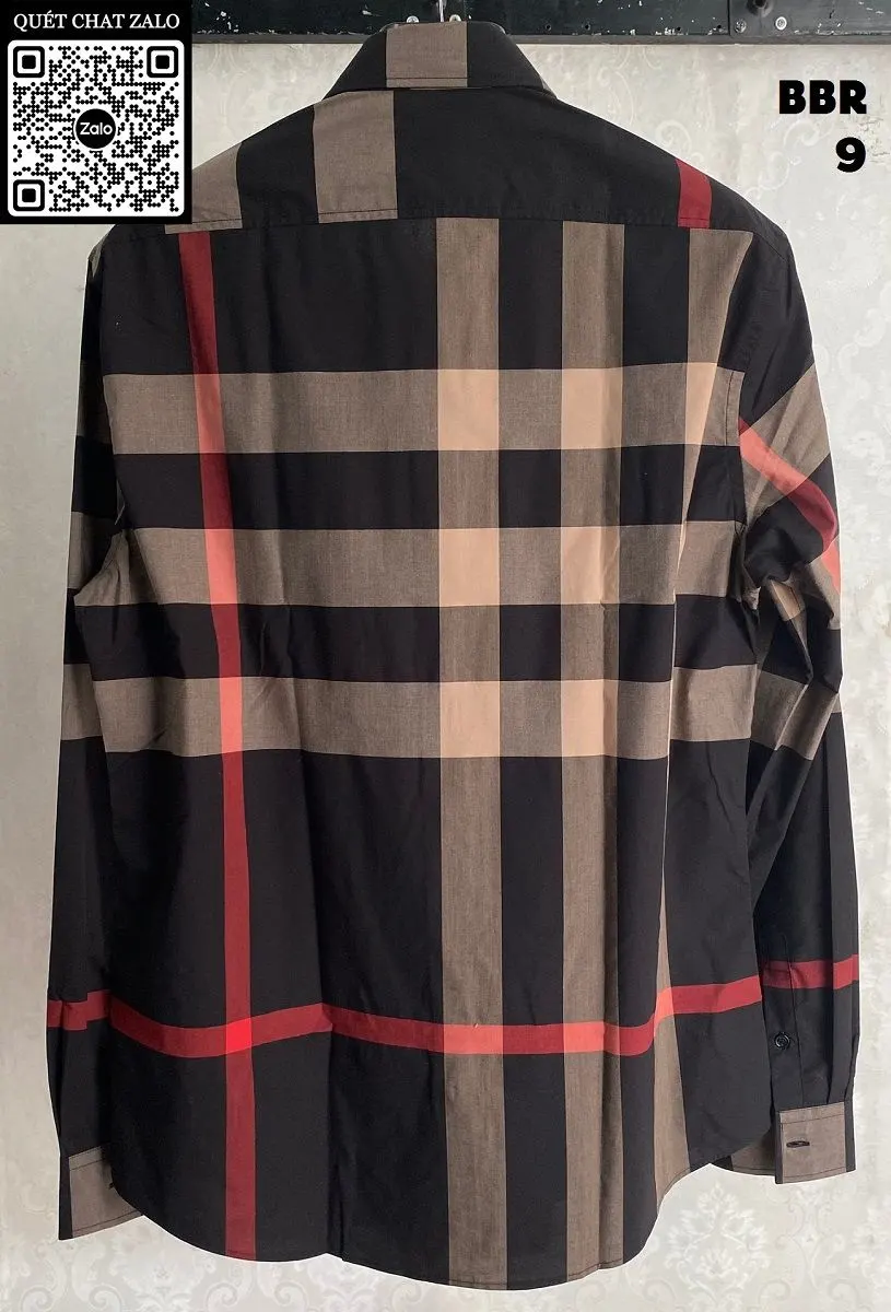 Áo sơ mi nam màu đen Burberry tay dài kẻ sọc caro mã 9 gọn đẹp