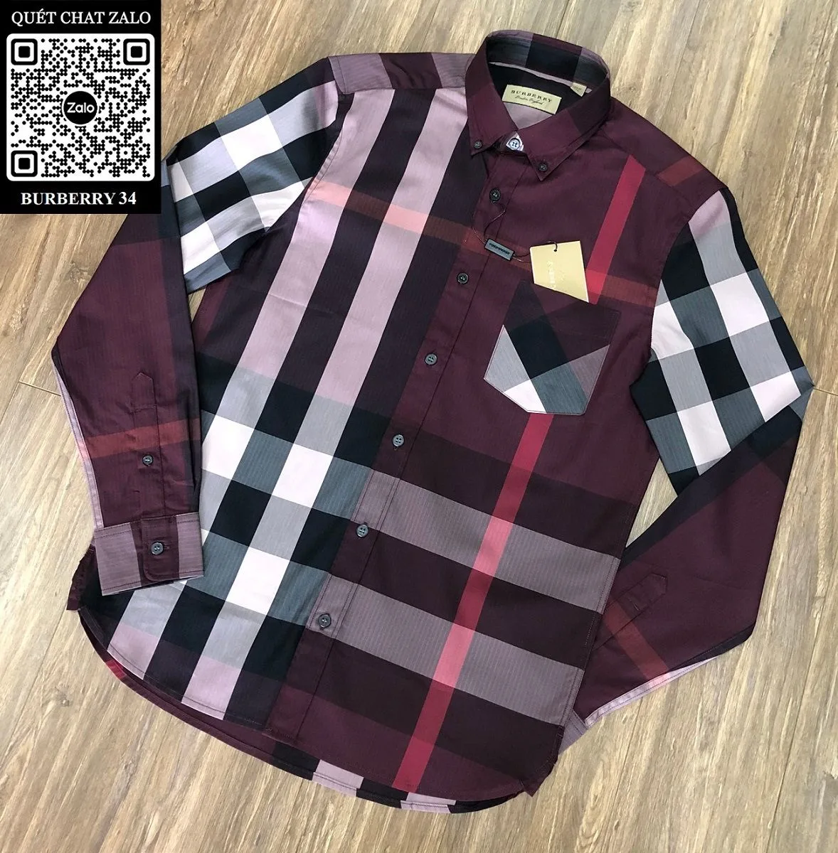 Áo sơ mi Burberry tay dài nam đỏ kẻ sọc caro BBR mã 34 cách riêng