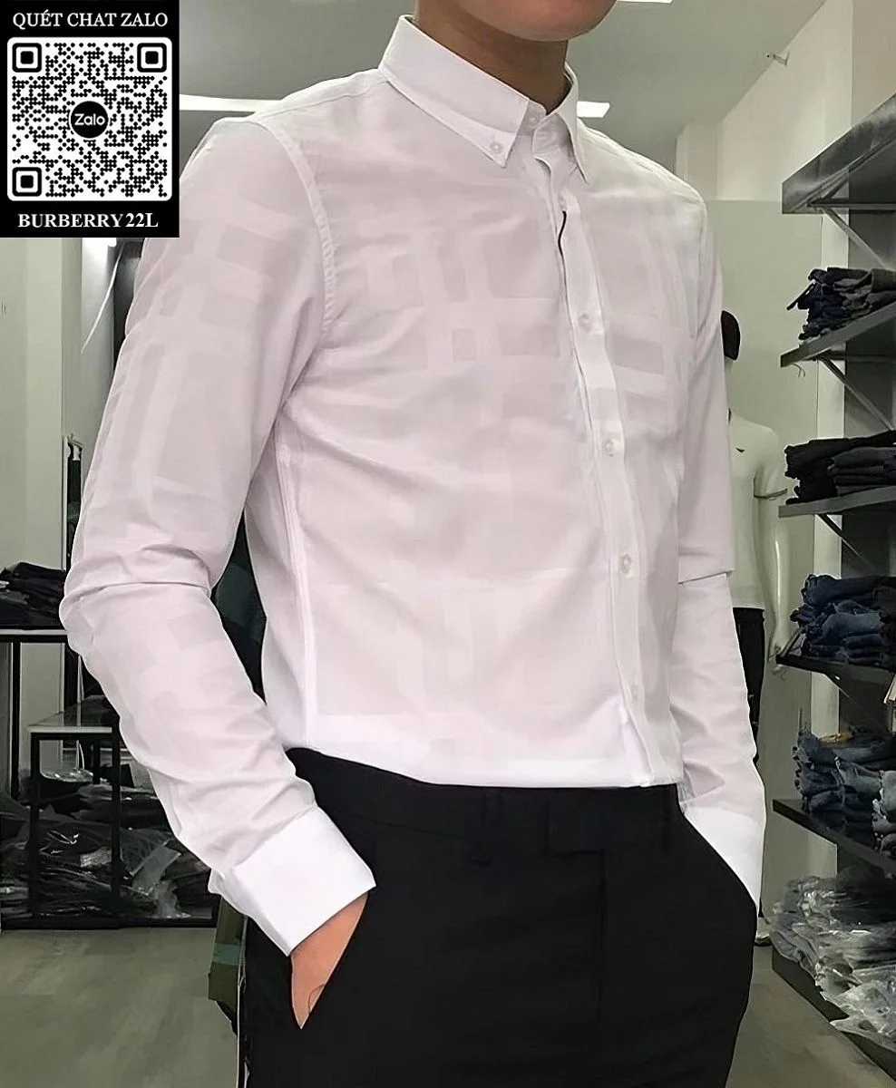 Sơ mi trắng Burberry nam tay dài kẻ caro BBR mã 22l điển trai