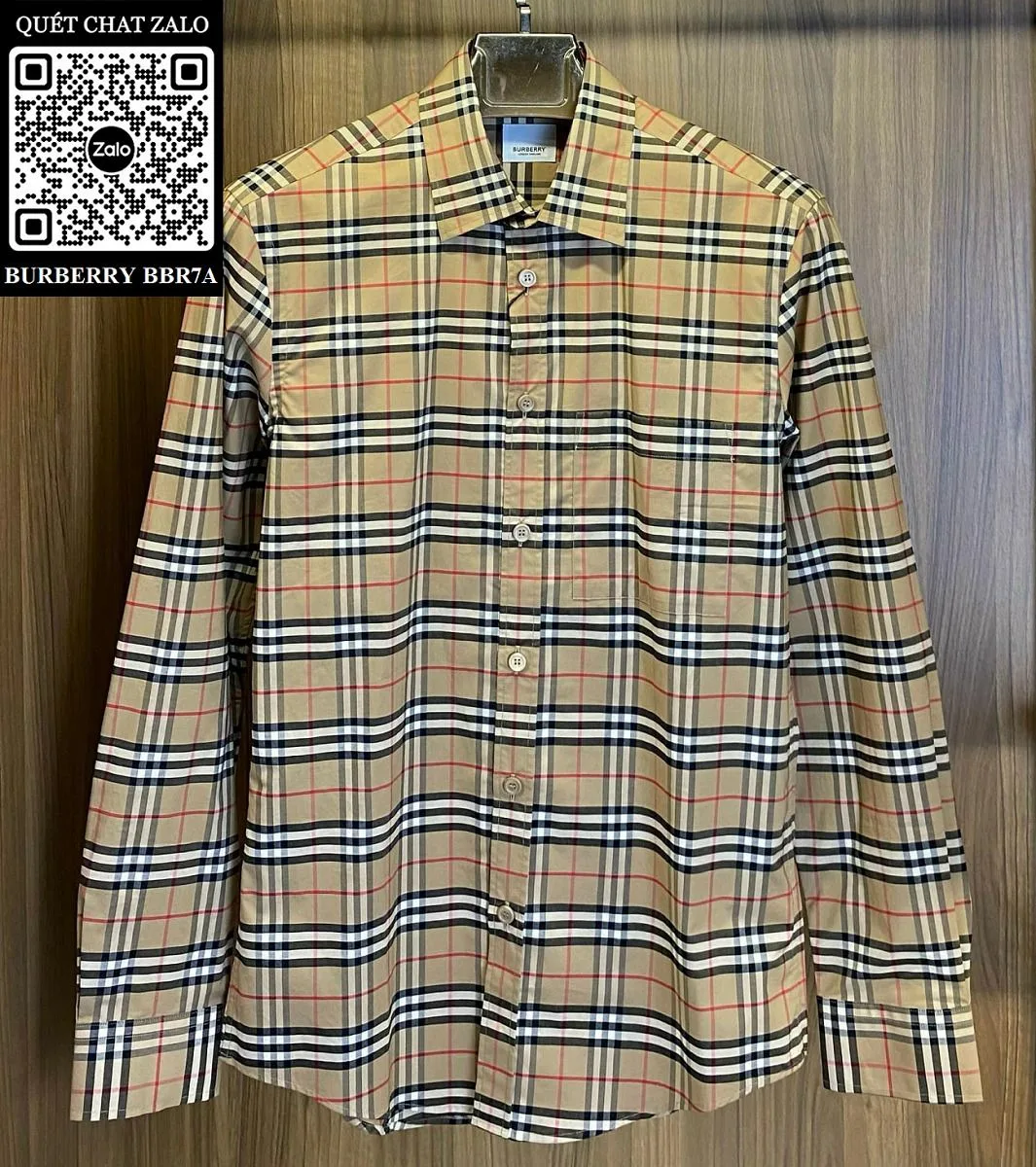 Áo Burberry nam dài tay sơ mi vàng kẻ sọc caro BBR mã 7a xịn mịn