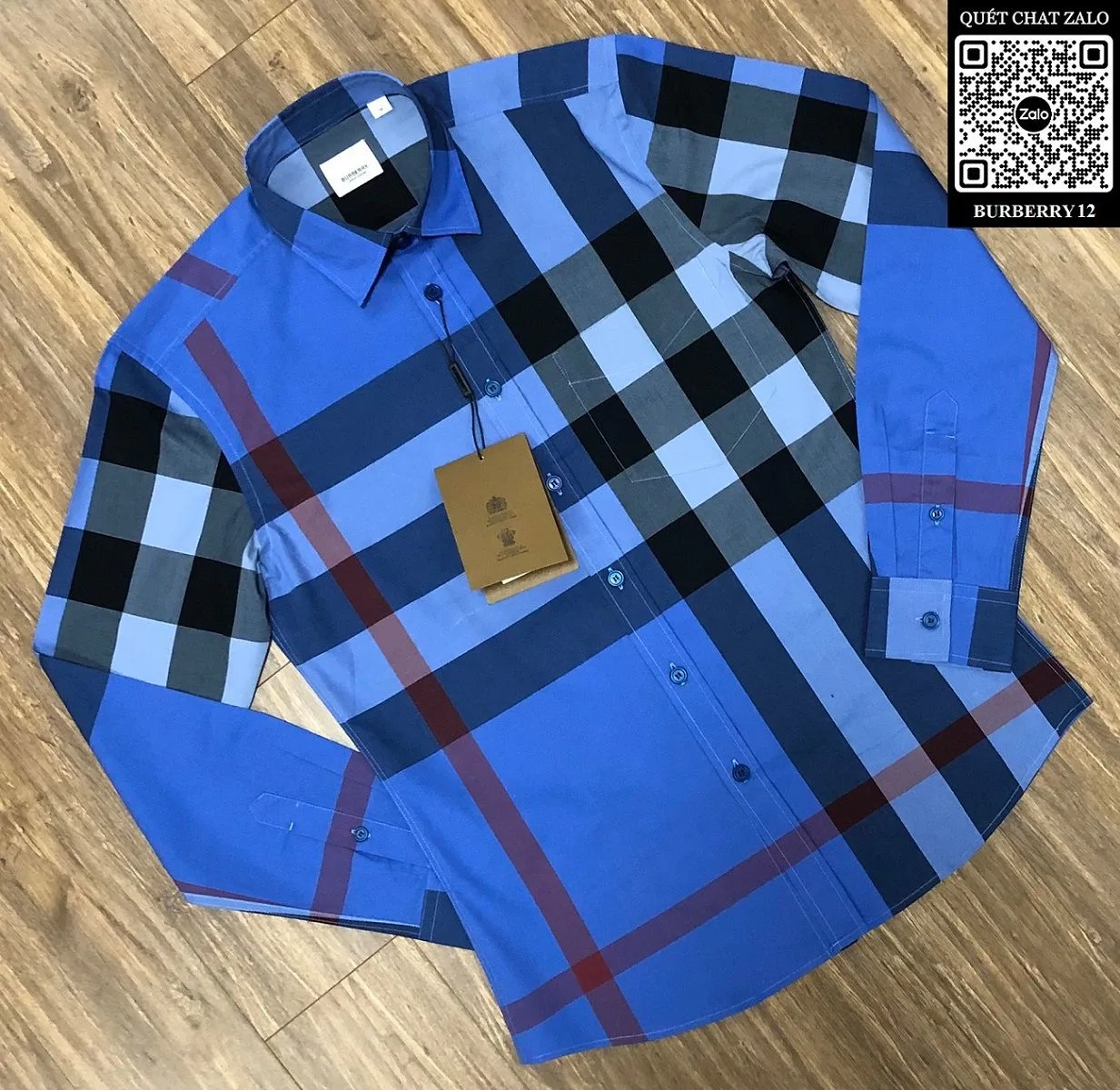 Áo sơ mi Burberry nam màu xanh tay dài kẻ sọc caro mã 12 thượng lưu