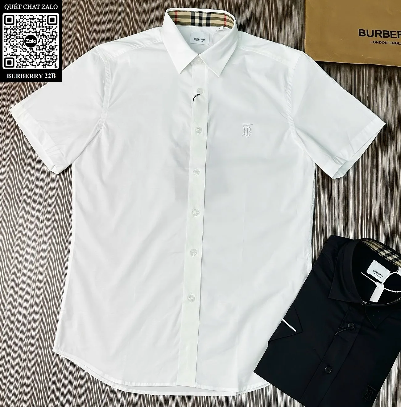 Áo sơ mi nam màu trơn màu trắng Burberry tay ngắn mã 22b đẹp