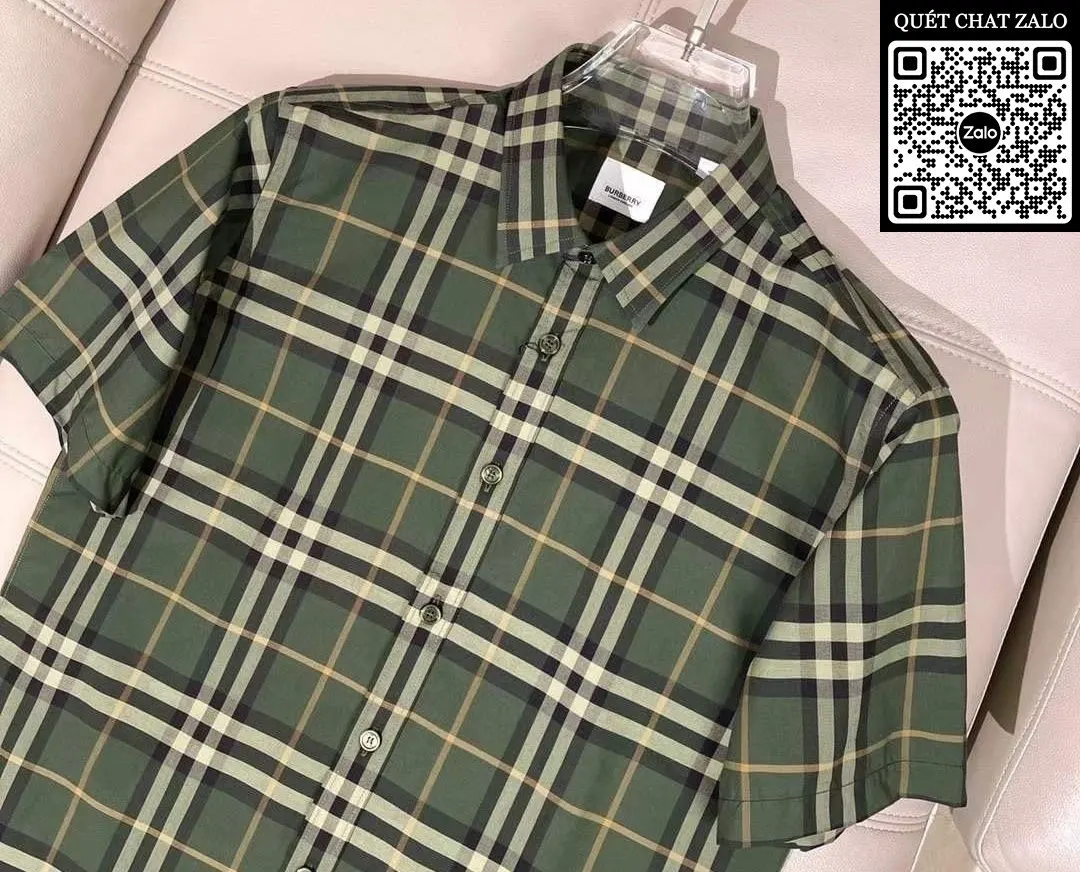 Áo sơ mi nam sọc caro Burberry xanh tay ngắn gọn gàng mã 15 hiệu