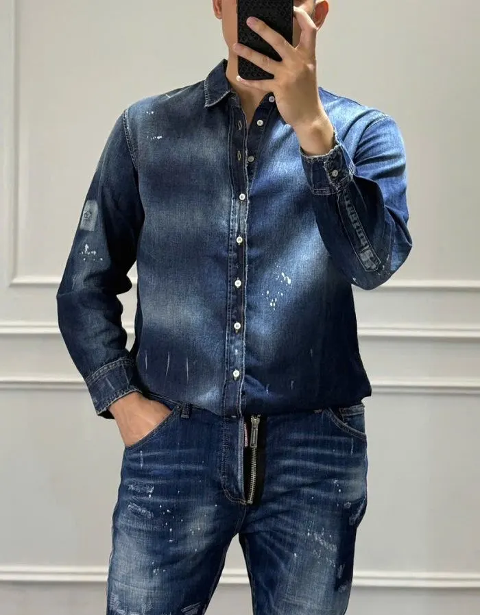 Áo sơ mi nam màu xanh Dsq2 tay dài vải jean trẻ trung mã 1c