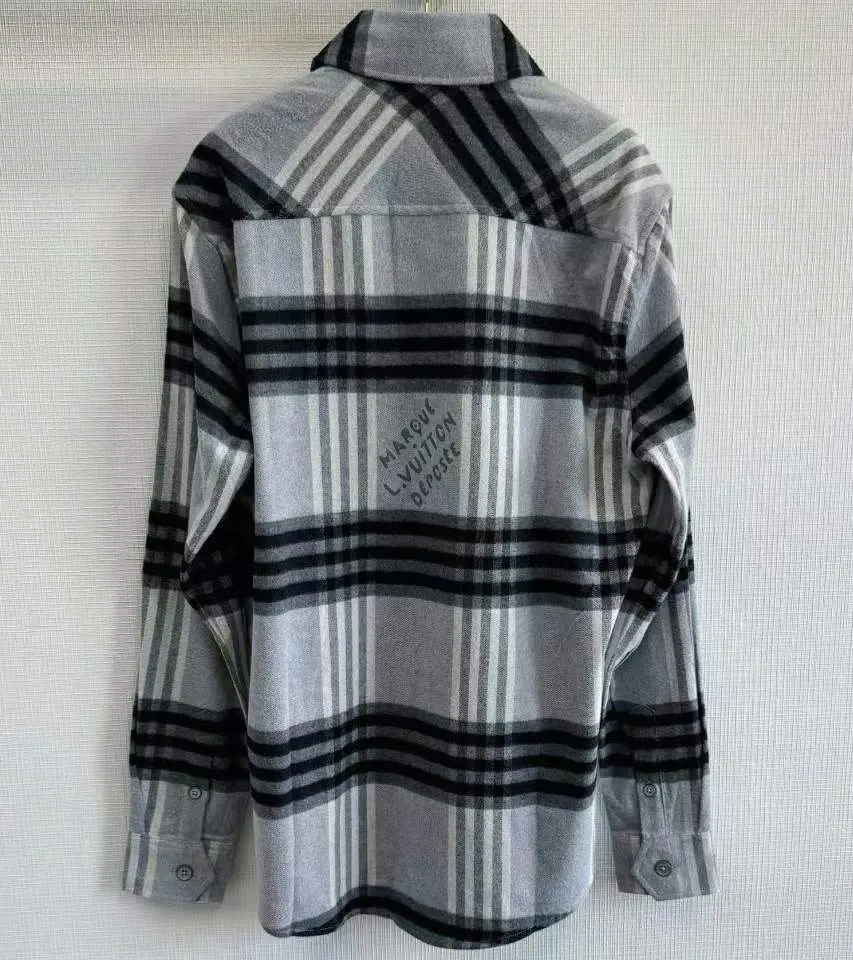 Áo sơ mi LV tay dài xám kẻ sọc caro Louis Vuitton premium mã 1 nam