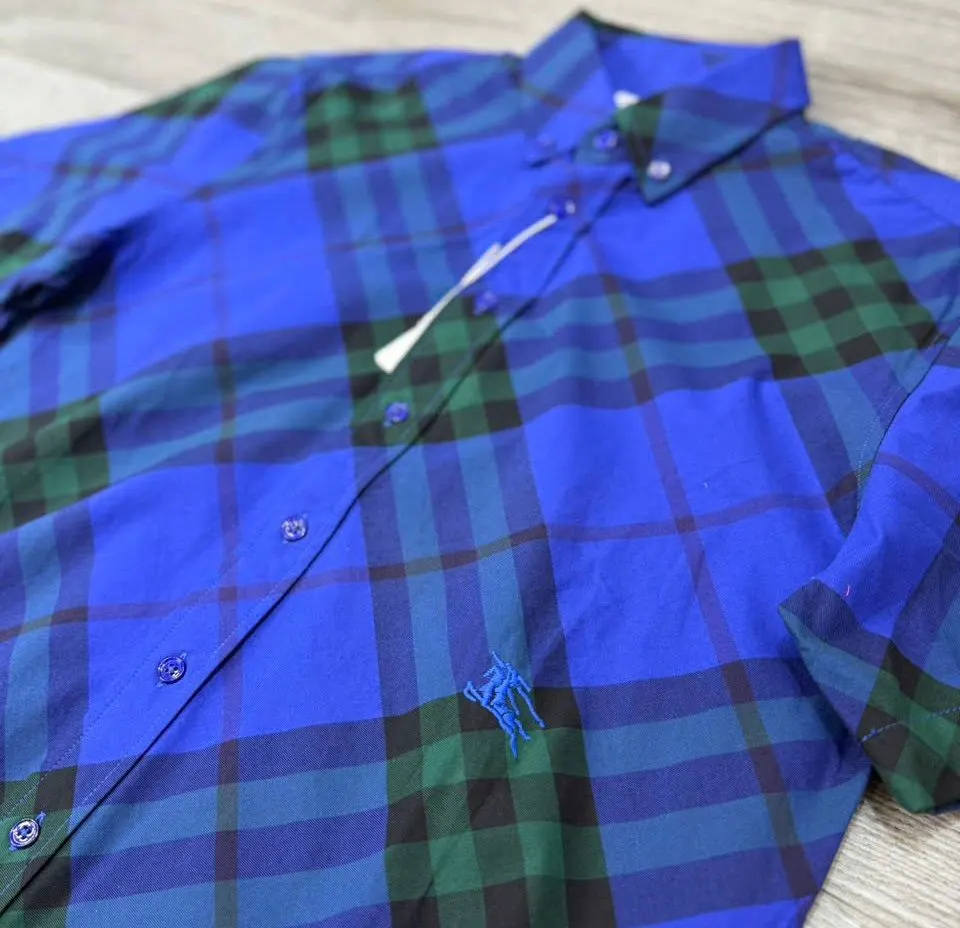Áo sơ mi ngắn tay Burberry xanh kẻ caro công phu mã 2 nam thượng lưu