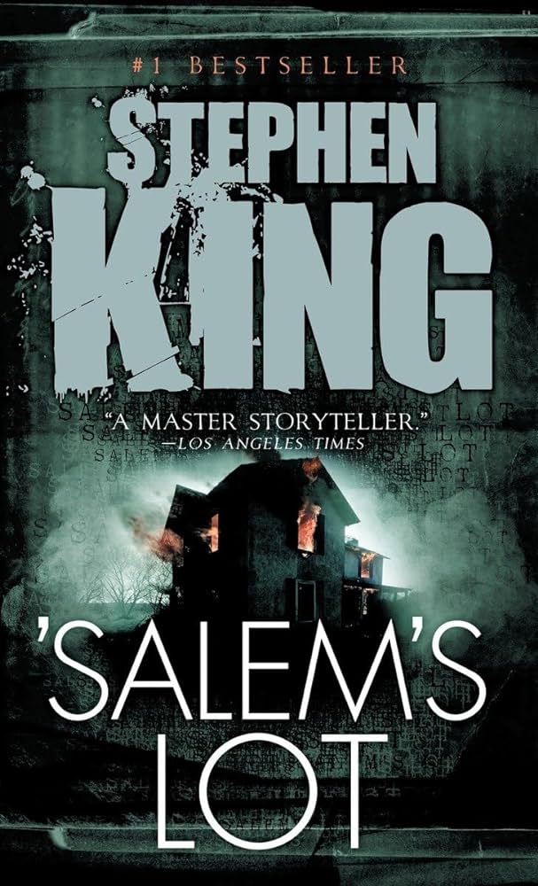 'Salem's Lot book cover, text with title and author Stephen King, in background is a house with smoke and fire coming out of windows