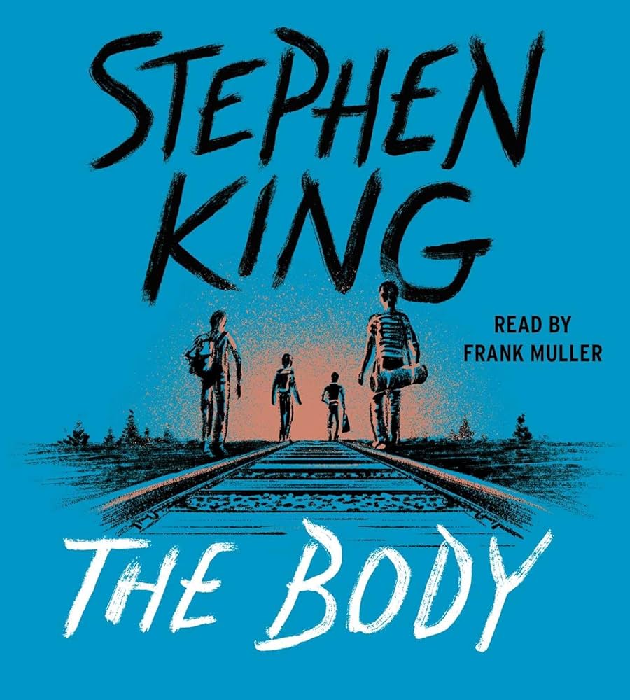 The Body book cover, with text title and author Stephen King and in the background is train tracks with four boys walking down it