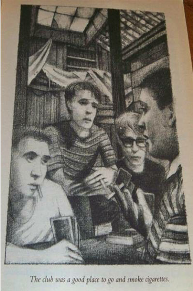 illustration from the book 'The Body' of four boys with smokes and cards in their hands