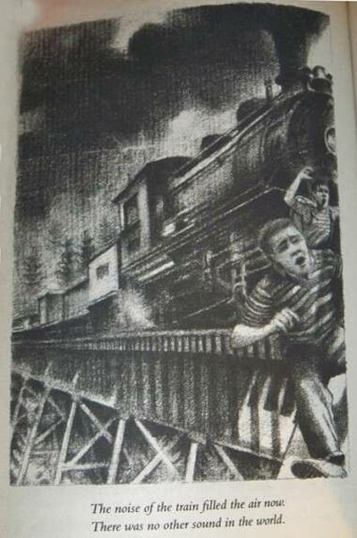 illustration from the book 'The Body' of two boys jumping off a bridge as a train almost hits them