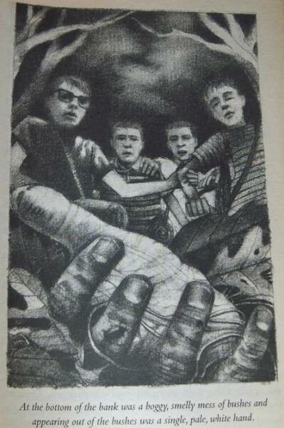 illustration from the book 'The Body' of four boys and a hand on the ground