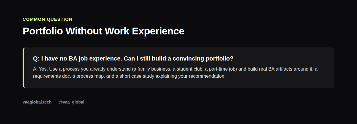 Q&A card on building a BA portfolio without prior work experience