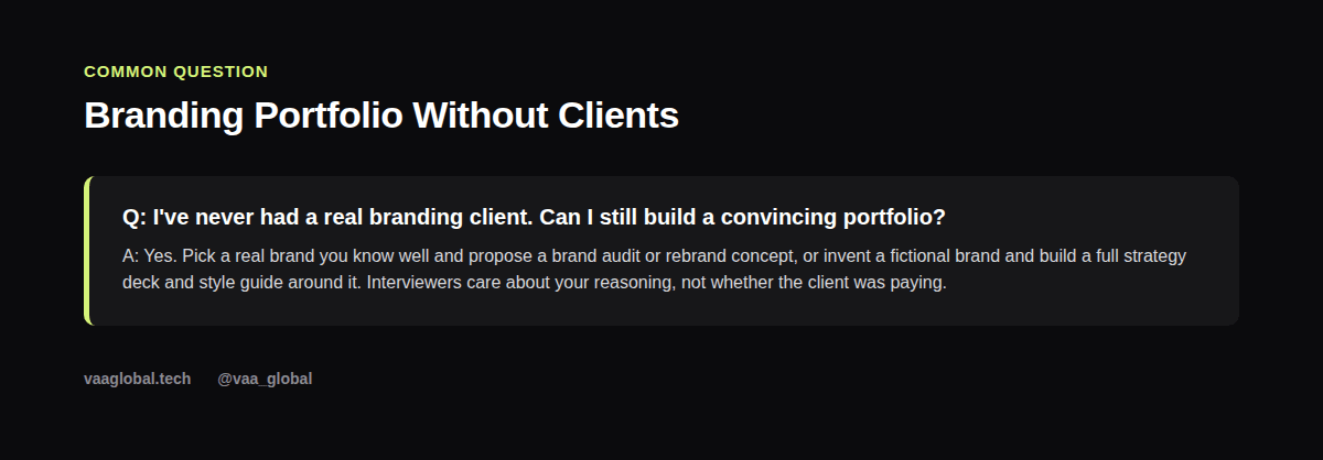 Q&A card on building a branding portfolio without a real client