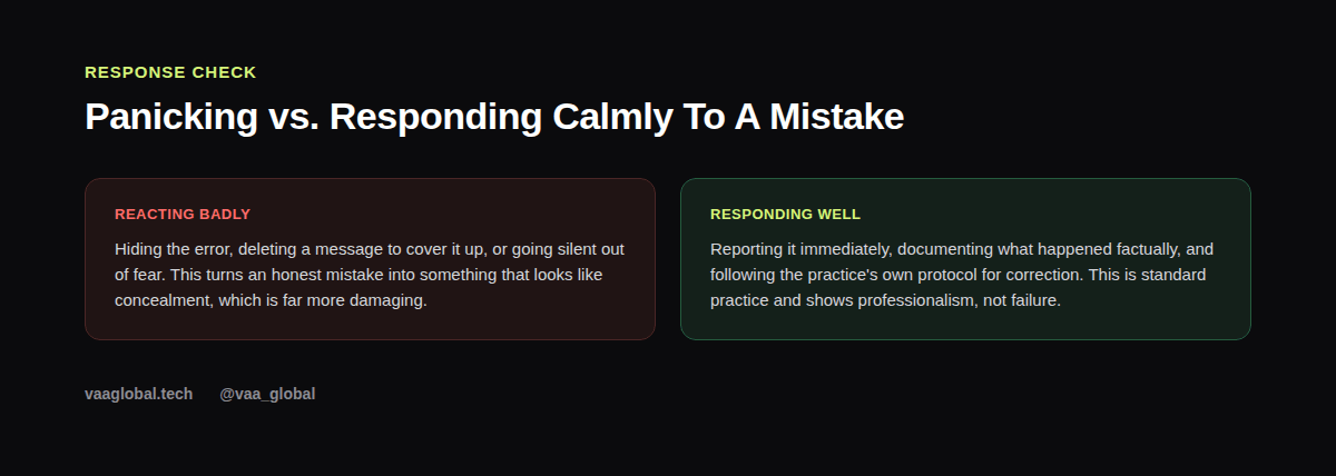 Comparison of panicking and hiding a mistake versus responding calmly and reporting it immediately