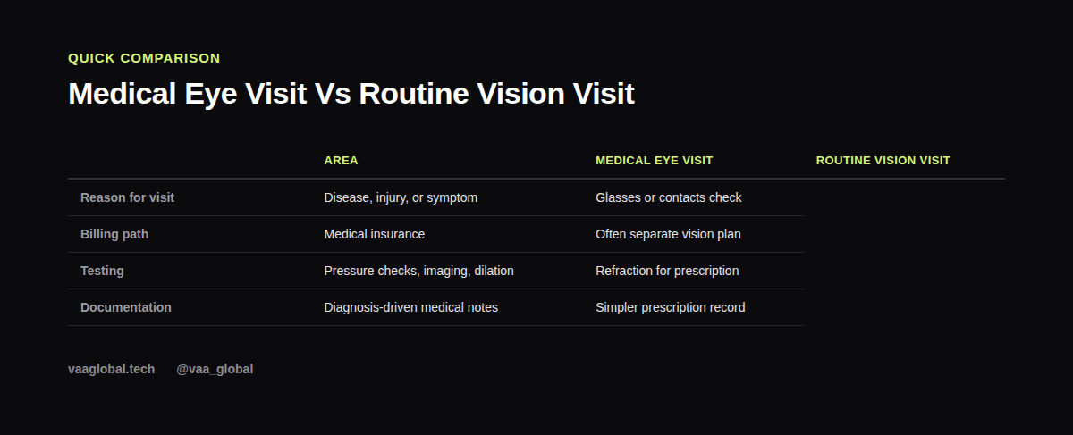 Table comparing a medical eye visit to a routine vision visit in an ophthalmology practice