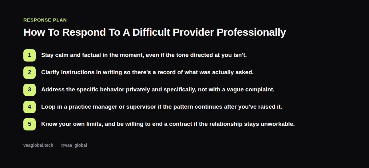 Five step response plan for handling a difficult provider professionally as a medical virtual assistant