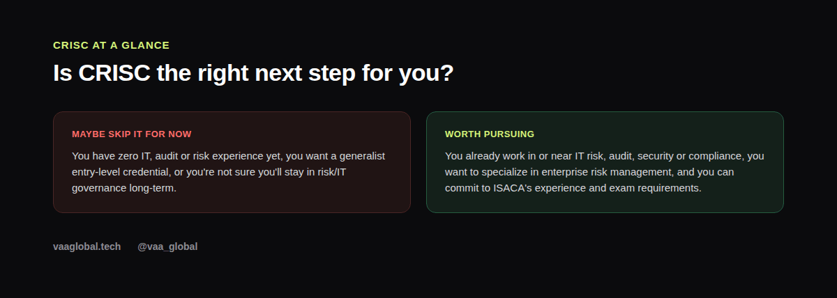Comparison graphic showing when CRISC certification is and isn't the right next step